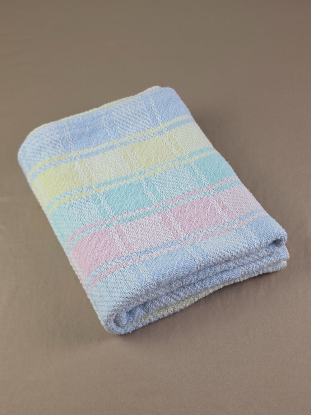 Vtg Beacon Baby Blanket Plaid Pastel Block Woven 100% Cotton Pink Blue Yellow